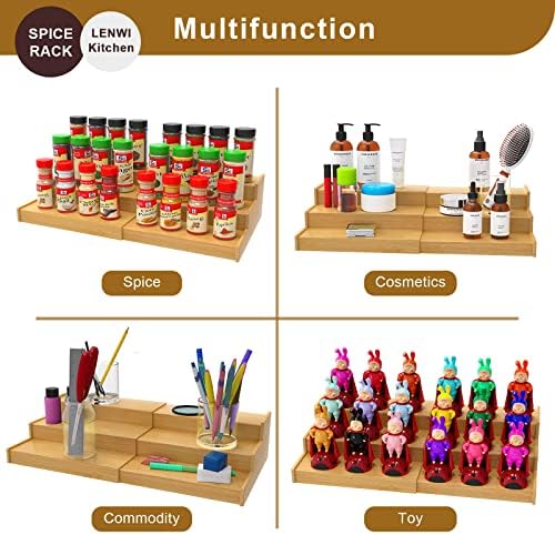 Lenwi Spice Rack Organizer for Cabinet, 3 Tier Expandable Bamboo Spice Storage for Kitchen Cupboard Pantry