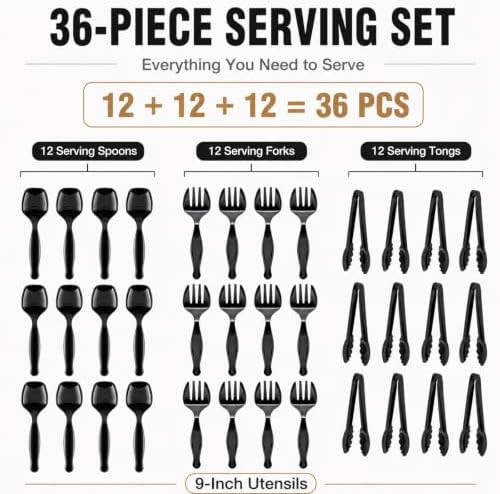 36Pcs Disposable Plastic Serving Utensils Set (Black)
