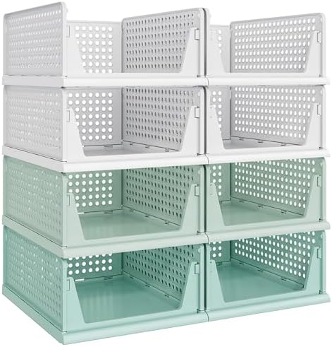 Pinkpum Green Boy Closet Organizers and Storage Stackable Plastic Drawer Basket for Clothing Stackable Storage Bins Shelf Storage Container for Rv Closet Wardrobe Bedroom Bathroom Playroom Man 8 Pack