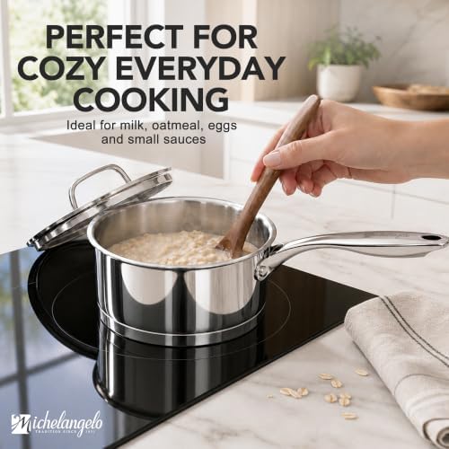 MICHELANGELO 1QT Small Stainless Steel Saucepan with Lid, Tri-Ply Base