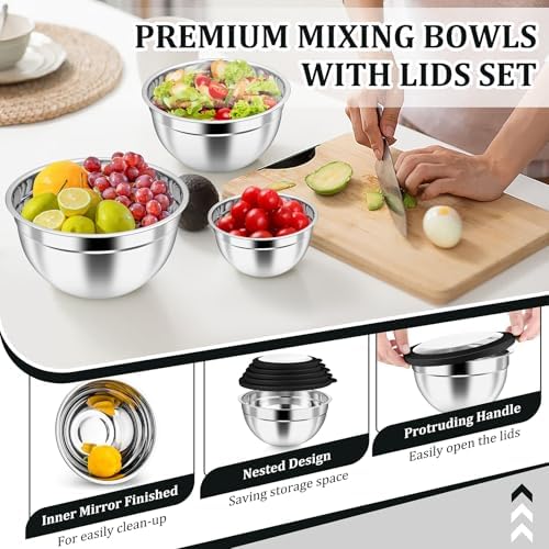 P&P CHEF Metal Mixing Bowls with Lids Set, Visible Airtight Lids & Black