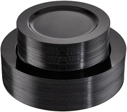 FLOWERCAT 100PCS Black Plastic Plates - Heavy Duty Black Disposable Plates for Birthday Party/Wedding/Halloween- serve 50guests 10 inch and 7 inch Set