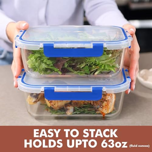 Razab 2 Pcs 1860ml / 63 Oz Large Glass Food Storage Containers with Lids - Glass Meal Prep Containers with Locking Lids for Roasting, Storing Leftover, Lunch Container, BPA Free, Microwave & Oven Safe
