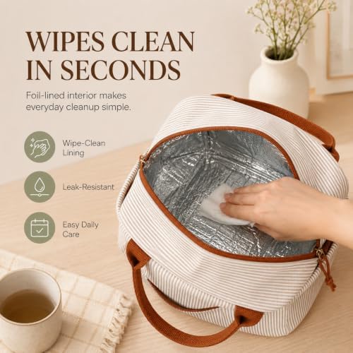 Bluboon Lunch Box for Women Cute Lunch Bag Reusable Insulated Lunch Bags Large Capacity Lunchbox Cooler for Work Picnic or Travel Gifts (Light Khaki White Stripes-13L, 10 x 7.5 x 8 inches)