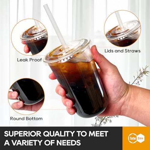 Turbo Bee Disposable Plastic Cups with Lids and Straws, 16 OZ, 50 Pack