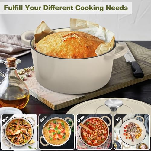 P&P CHEF 7QT Enameled Dutch Oven, Dutch Oven Pot for Bread Baking, Khaki