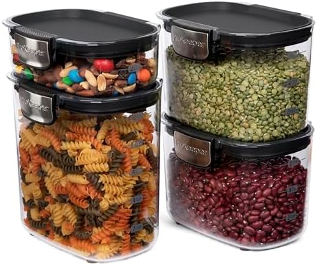 ProKeeper+ Airtight Food Storage Container Set – Clear Plastic Flour and Sugar Canister Set with Magnetic Accessories for Kitchen Organization (Black, 13-Piece)