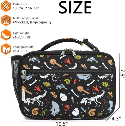 GYEUKHAM Insulated Lunch Box for School, Thermal Reusable Durable Freezable Lunch Bags for Kids Boys Girls Men Women - Small Soft Cooler Portable Lunch Tote Kit for Work Picnic Travel,Dinosaur Fossil