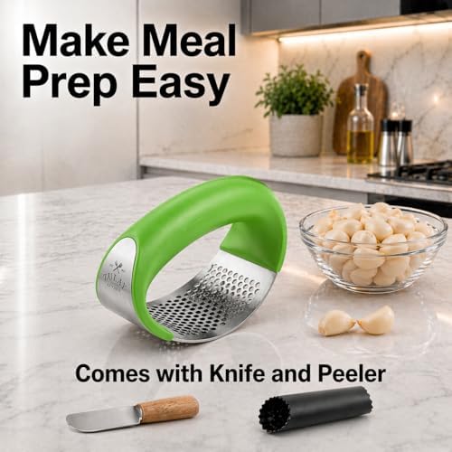 Zulay Kitchen Stainless Steel Garlic Press Rocker Set - Premium Garlic Mincer Garlic Crusher - New Innovative Garlic Crusher with Peeler and Scraper - Comfortable Grip (Green)