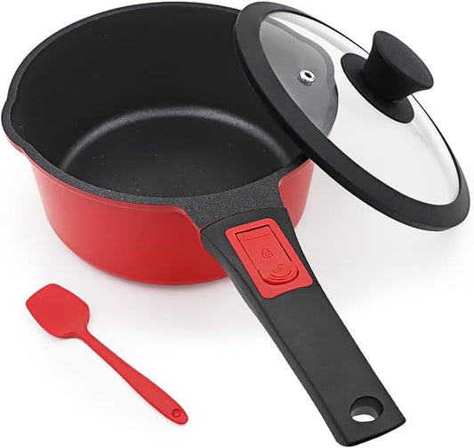 2.5 Qt Non Stick Sauce Pan with Lid, Nonstick Sauce Pot & Saucepan with Pour Spout, Milk Pan Pasta Pot, Mini Cooking Pot Induction Compatible, Detachable Handle, Oven Safe, PFOA Free, Red