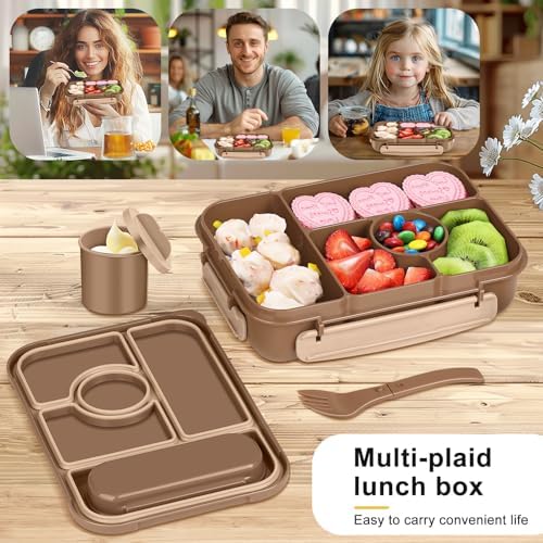 Amathley Bento Box Adult Lunch Box Kids,Lunch Containers for Adults/Kids/Toddler,5 Compartments Bento Lunch Box with Sauce Vontainers,Microwave & Dishwasher & Freezer Safe,BPA-Free (Brown)