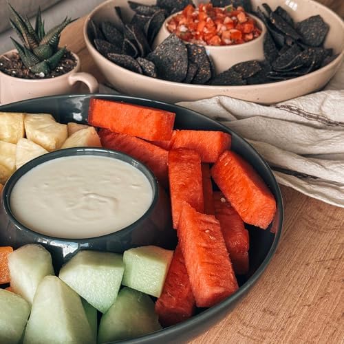 Mora Ceramic Chips and Dip Serving Tray: Large Divided Party Bowl Set for Chips & Salsa, Veggies & Dip, Fruit, Snacks, Entertaining, Hosting, etc. Minimalist Design for the Modern Hostess - Charcoal