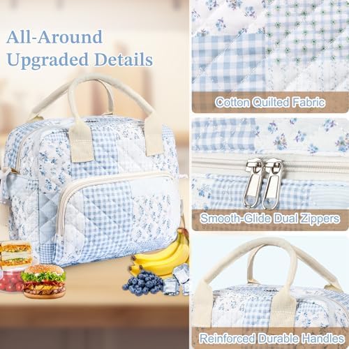 WOBAGMEN Quilted Lunch Box for Women, Insulated Lunch Bag for Adult,Cute Lunch Tote Bags for Work Picnic Travel(green blue pin,M)