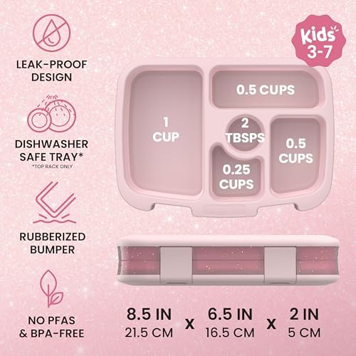 Bentgo Kids Bento-Style 5-Compartment Leak-Proof Lunch Box - Just-Right Portions Ages 3-7, Durable, Drop-Proof, Dishwasher Safe, PFAS & BPA-Free & Made with Food-Safe Materials (Petal Pink Glitter)