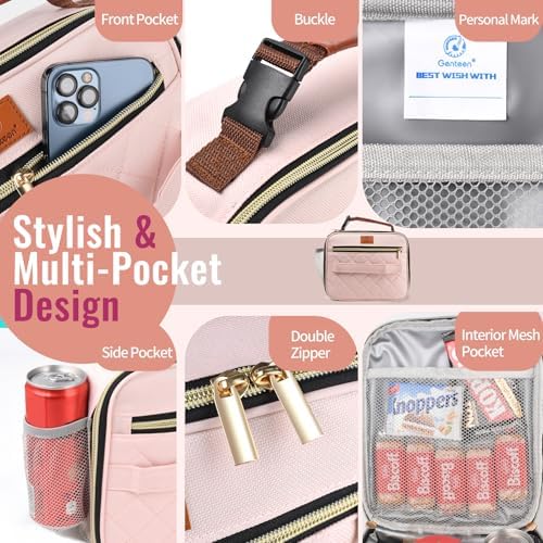 Genteen Lunch Box for Kids,Girls - Insulated Lunch Bag Reusable, Zip Closure & Buckle Handle, Portable Cooler for Work, School, Travel (Pink)