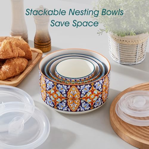 vancasso SIMI Serving Bowls with Lids, Ceramic Mixing Bowls Set of 4, Boho