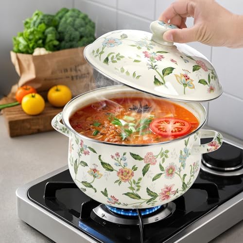 Jucoan 5 Quart Enamel Stockpot with Lid, Green Floral Enamelware Cooking Pot with Dual Handles for Stovetop, Large Soup Pot Potpourri Simmer Pot Gift for Housewarming Bridal Shower Mother's Day