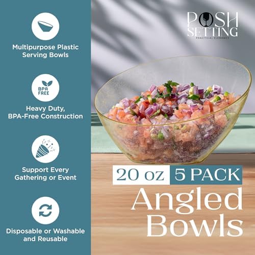 5 Pack Gold Glitter Angled Plastic Serving Bowl Disposable for Party 20oz
