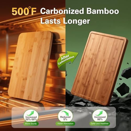 Zarler Bamboo Cutting Boards for Kitchen, 3 Piece Durable Wood Cutting Board with Juice Grooves and Handles, Wooden Chopping Board Set for Meal Prep, 500℉ Carbonized Bamboo, Ideal Kitchen Gift