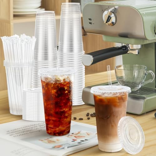 Lamosi 300 Pack 20 oz Plastic Coffee Cups with Lids, Disposable Clear Cups