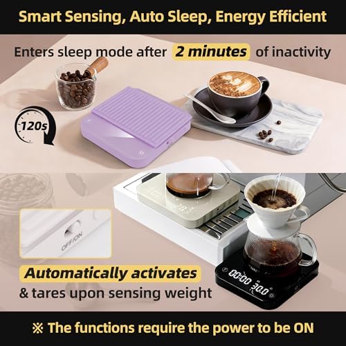 ShanSon Mini Coffee Scale with Timer,0.1g High Precision Espresso Scale,2kg/0.1g Digital Kitchen Scale with Flow Rate,USB-C Rechargeable,Waterproof Surface,Auto Timer for Pour Over & Espresso,Purple