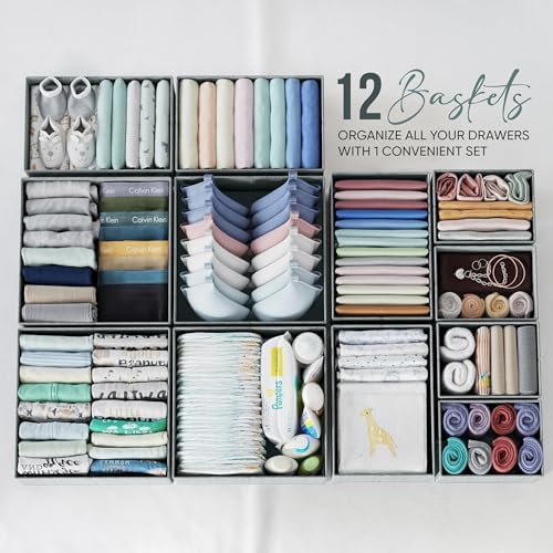 Drawer Organizer Clothes Set of 12 Grey - Dresser Organizer For Nursery, Bedroom, Closet - The Perfect Baby Clothes Organizer and Storage & General Nursery Organization or Dresser Drawer Organizers