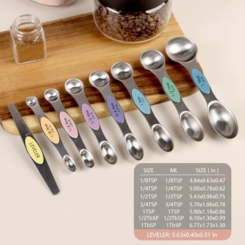 ChefAide Set of 8 Magnetic Measuring Spoons, Stainless Steel, Dual Sided