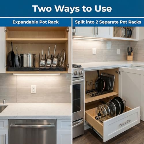 Expandable Pots and Pans Organizer for Cabinet – Heavy Duty Carbon Steel Pot & Pan Rack with 10 Adjustable Dividers, Wave Slot Cookware Holder for Pans, Lids, Bakeware, Countertop or Under Sink, Black