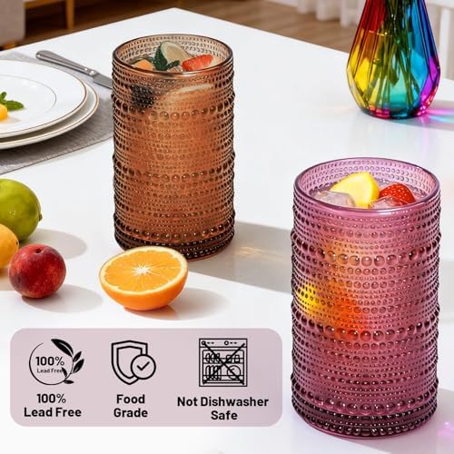 GGOLDMER Colored Hobnail Drinking Glasses Set of 6, 12oz Vintage Highball Glasses, Kitchen Glassware, Beaded Glass Cups for Iced Coffee, Cocktail, Beer, Juice, Cocktail, Whiskey, Milk