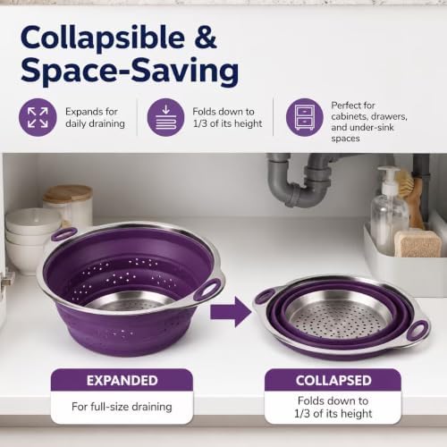 Mejoncb Collapsible Colander – Platinum Silicone Strainer with Stainless Steel Base, BPA-Free & Heat Resistant Kitchen Drain Basket (Purple)