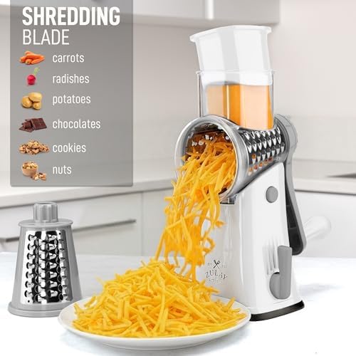 Rotary Cheese Grater Manual Hand Crank 5 Blade Shredder, White & Gray