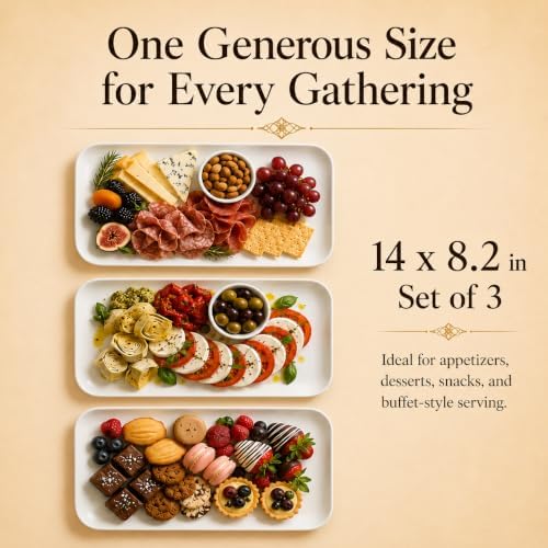 DELLING 14 Inch Large Serving Platter Set of 3, White Porcelain Serving Trays for Entertaining, Rectangular Platters for Turkey Meat Appetizer Party, Oven Microwave Dishwasher Safe Dinnerware