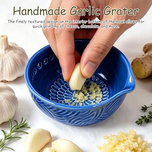 Grater Plate, 3 in 1 Handmade Tool Ceramic Bowl with Herb Stripper (Blue)