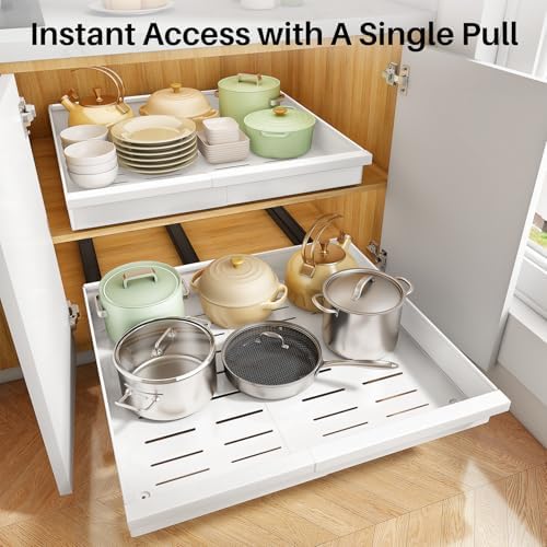 Pull out Cabinet Organizer, 4-Pack Expandable(13.6"-24") Silde out Drawers with Raising Pad for Framed Cabinets, Adjustable Full-Extension Adhesive Roll out Shelves for Kitchen Pantry Home Pot and Pan