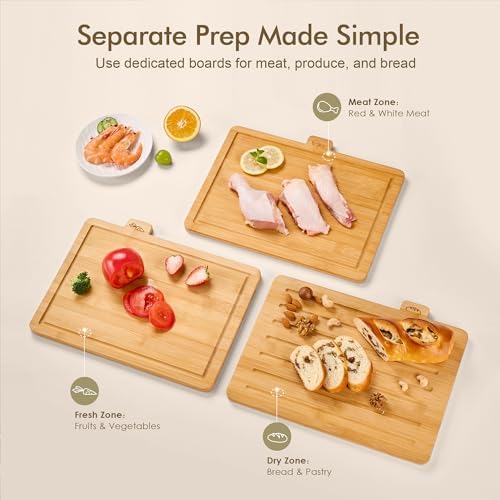 Bamboo Cutting Boards for Kitchen, Wooden Set of 3 with Holder