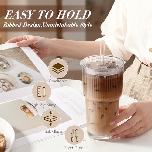 20oz Ribbed Iced Coffee Cups with Lids,4 Pcs Vintage Glass Cups Tumblers