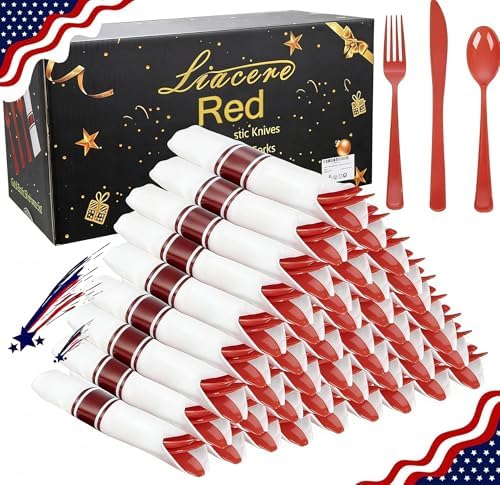 Liacere 400PCS Pre Rolled Red Silverware and Napkin - Disposable Red Plastic Utensils-Wrapped Plastic Cutlery Set with Napkin:100Forks,100Knives,100Spoons,100Napkins for Party & Independence Day