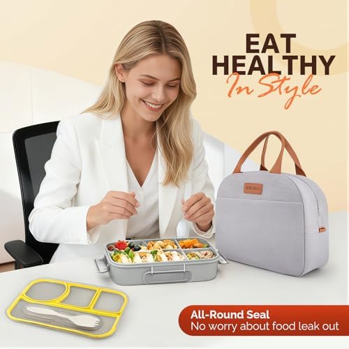 Lunch Box Set Bento Box, 4-Compartment Lunch Containers,High Capacity Lunch Tote Bags for Work, Travel, Outdoor (Grey)