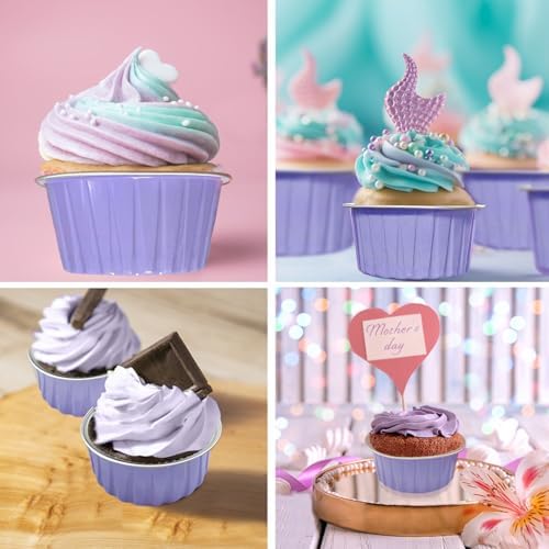 100Pcs Aluminum Cups with Lids,5oz Disposable Ramekin Baking Cups Muffin Liners Mini Pie Pans Foil Cupcake Containers for Christmas Party Wedding Party,Purple