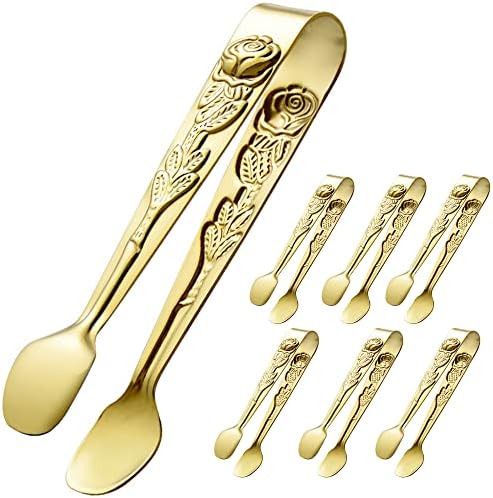 HINMAY 6PCS Mini Serving Tongs 4 Inches Small Rose Sugar Cube Tongs (Gold)