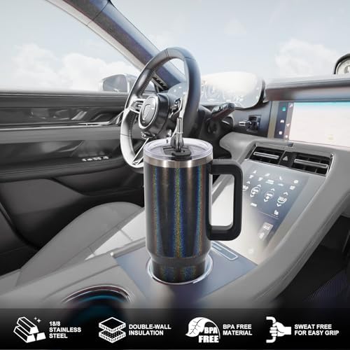 40 oz Shiny Tumbler with Handle and Straw,Stainless Steel Tumbler with Lid and Straw,Insulated Travel Mug(Cold for 34 Hours),Water Bottle for Iced Tea,Coffee (Black)