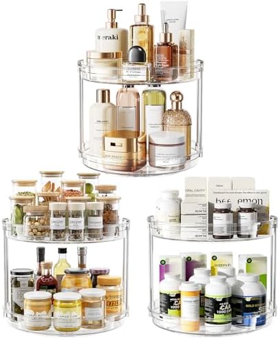 LAMU 3 Pack 10.6'' 2-Tier Lazy Susan Turntable Organizer Rotating Spice Rack Organization for Cabinet, Kitchen, Pantry, Countertop, Bathroom, Vanity, Makeup Organizer, Clear