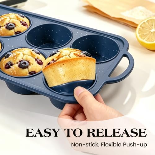 Vinino 6 Cups Jumbo Silicone Muffin Pan with Stainless Steel Frame - Blue