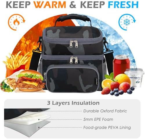 FlowFly Double Layer Cooler Insulated Lunch Bag Adult Lunch Box Large Tote Bag for Men, Women, With Adjustable Strap,Front Pocket and Dual Large Mesh Side Pockets