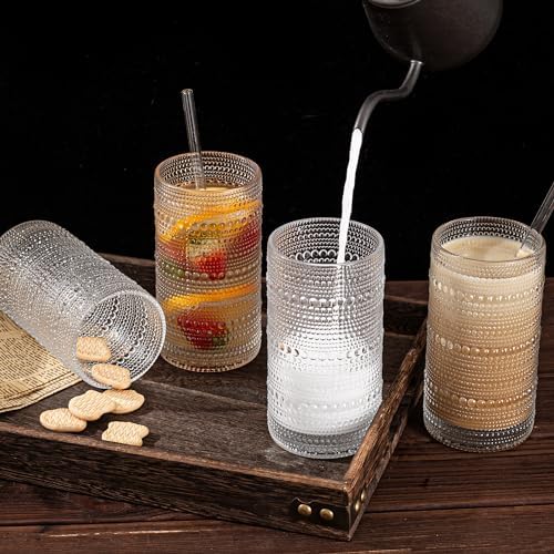 Dingerjar Upgraded Large Capacity 16 oz/480 ml Hobnail Glasses Drinking Set of 12 - Heavy Vintage Glassware
