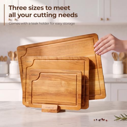 Teak Wood Cutting Board for Kitchen with Storage Stand, (Set of 3)
