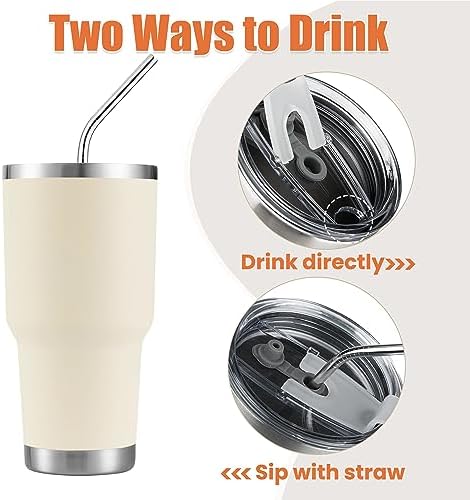 D·S 30oz Cream Tumbler Double Wall Vacuum Insulated Travel Coffee Mug