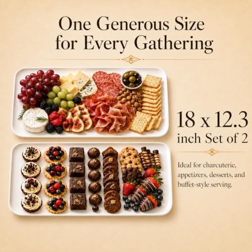 DELLING 18 Inch Large Serving Platter Set of 2, White Porcelain Serving Trays 18" x 12.3", Rectangular Platters for Turkey Fruit Appetizer Party, Oven Microwave Dishwasher Safe, Wedding Entertaining
