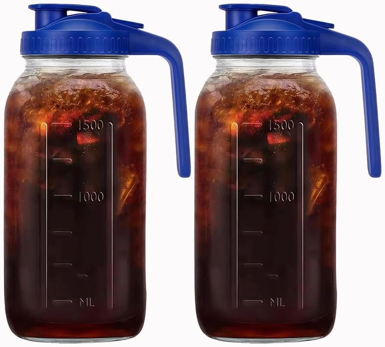 2 Pack 64oz (2 quart) Glass Pitcher with Handle and Lid, Mason Jar Pitcher