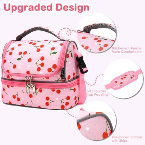 FlowFly Kids Double Decker Cooler Insulated Lunch Bag Large Tote for Boys, Girls, Men, Women, With Adjustable Strap, Cherry